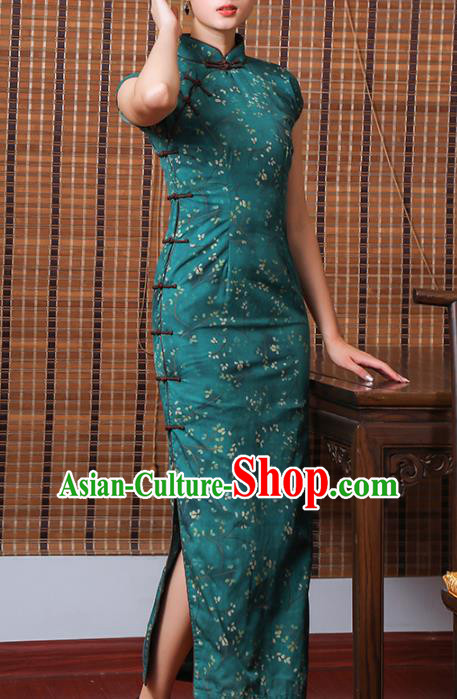 Chinese Classical Cheongsam Old Shanghai Woman Clothing Traditional Printing Deep Green Ramie Qipao Dress Chinese Classical Cheongsam Old Shanghai Woman Clothing Traditional Printing Deep Green Ramie Qipao Dress