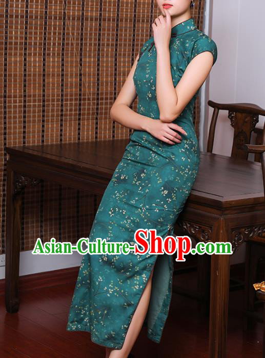 Chinese Classical Cheongsam Old Shanghai Woman Clothing Traditional Printing Deep Green Ramie Qipao Dress Chinese Classical Cheongsam Old Shanghai Woman Clothing Traditional Printing Deep Green Ramie Qipao Dress