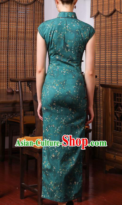 Chinese Classical Cheongsam Old Shanghai Woman Clothing Traditional Printing Deep Green Ramie Qipao Dress Chinese Classical Cheongsam Old Shanghai Woman Clothing Traditional Printing Deep Green Ramie Qipao Dress