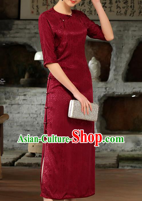 Chinese Woman Catwalks Clothing Classical Slant Opening Cheongsam Traditional Wine Red Tencel Qipao Dress Chinese Woman Catwalks Clothing Classical Slant Opening Cheongsam Traditional Wine Red Tencel Qipao Dress