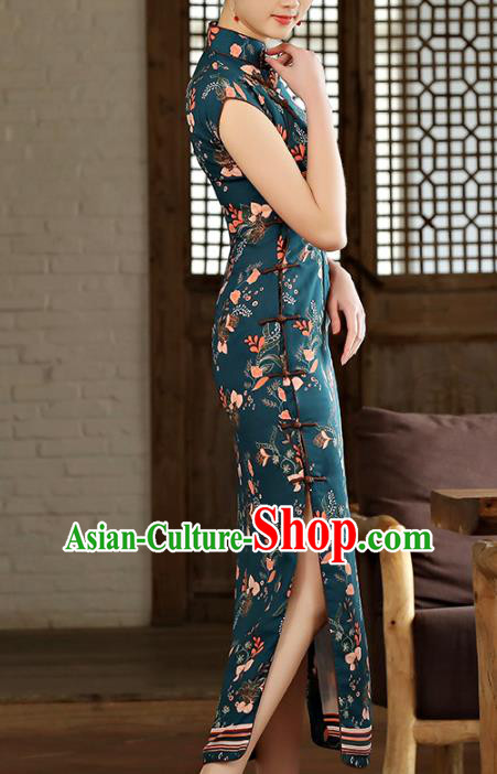 Chinese Classical Printing Atrovirens Chiffon Cheongsam Traditional Slant Opening Qipao Dress Woman Catwalks Clothing Chinese Classical Printing Atrovirens Chiffon Cheongsam Traditional Slant Opening Qipao Dress Woman Catwalks Clothing