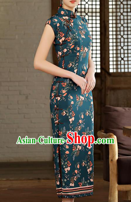 Chinese Classical Printing Atrovirens Chiffon Cheongsam Traditional Slant Opening Qipao Dress Woman Catwalks Clothing Chinese Classical Printing Atrovirens Chiffon Cheongsam Traditional Slant Opening Qipao Dress Woman Catwalks Clothing