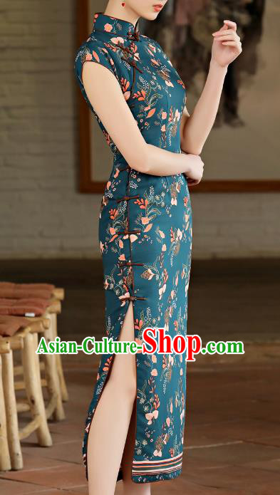 Chinese Classical Printing Atrovirens Chiffon Cheongsam Traditional Slant Opening Qipao Dress Woman Catwalks Clothing Chinese Classical Printing Atrovirens Chiffon Cheongsam Traditional Slant Opening Qipao Dress Woman Catwalks Clothing