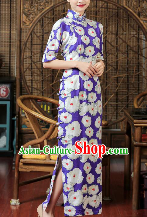 Chinese Classical Purple Flax Qipao Dress Traditional Printing Flowers Cheongsam Clothing Chinese Classical Purple Flax Qipao Dress Traditional Printing Flowers Cheongsam Clothing