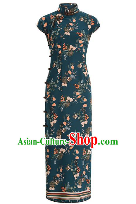 Chinese Classical Printing Atrovirens Chiffon Cheongsam Traditional Slant Opening Qipao Dress Woman Catwalks Clothing Chinese Classical Printing Atrovirens Chiffon Cheongsam Traditional Slant Opening Qipao Dress Woman Catwalks Clothing