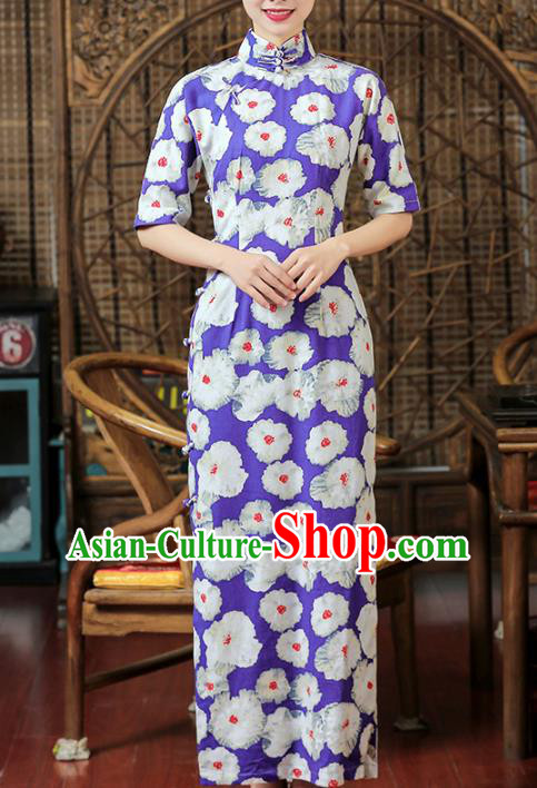 Chinese Classical Purple Flax Qipao Dress Traditional Printing Flowers Cheongsam Clothing Chinese Classical Purple Flax Qipao Dress Traditional Printing Flowers Cheongsam Clothing