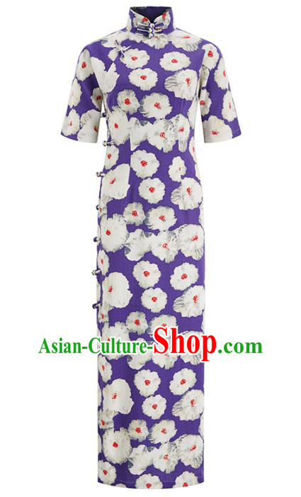 Chinese Classical Purple Flax Qipao Dress Traditional Printing Flowers Cheongsam Clothing Chinese Classical Purple Flax Qipao Dress Traditional Printing Flowers Cheongsam Clothing