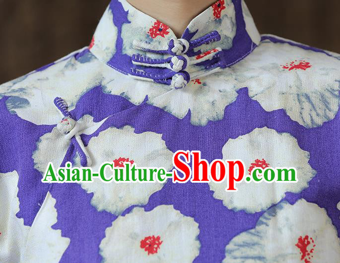 Chinese Classical Purple Flax Qipao Dress Traditional Printing Flowers Cheongsam Clothing Chinese Classical Purple Flax Qipao Dress Traditional Printing Flowers Cheongsam Clothing