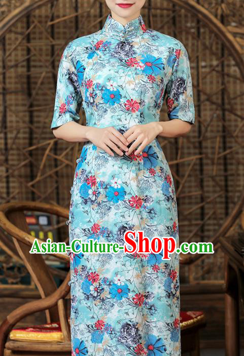 Chinese Traditional Printing Flowers Cheongsam Clothing Classical Light Blue Flax Qipao Dress Chinese Traditional Printing Flowers Cheongsam Clothing Classical Light Blue Flax Qipao Dress