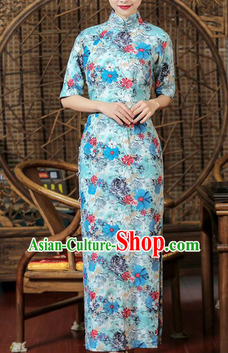 Chinese Traditional Printing Flowers Cheongsam Clothing Classical Light Blue Flax Qipao Dress Chinese Traditional Printing Flowers Cheongsam Clothing Classical Light Blue Flax Qipao Dress