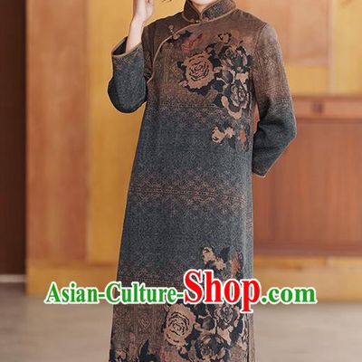 Chinese Classical Printing Brown Silk Qipao Dress Traditional Gambiered Guangdong Gauze Cheongsam