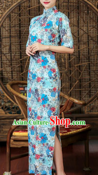 Chinese Traditional Printing Flowers Cheongsam Clothing Classical Light Blue Flax Qipao Dress Chinese Traditional Printing Flowers Cheongsam Clothing Classical Light Blue Flax Qipao Dress