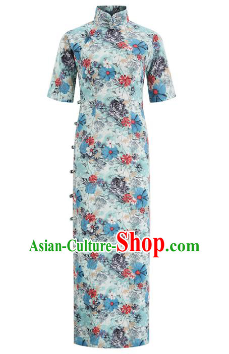 Chinese Traditional Printing Flowers Cheongsam Clothing Classical Light Blue Flax Qipao Dress Chinese Traditional Printing Flowers Cheongsam Clothing Classical Light Blue Flax Qipao Dress