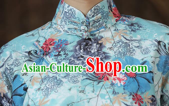 Chinese Traditional Printing Flowers Cheongsam Clothing Classical Light Blue Flax Qipao Dress Chinese Traditional Printing Flowers Cheongsam Clothing Classical Light Blue Flax Qipao Dress