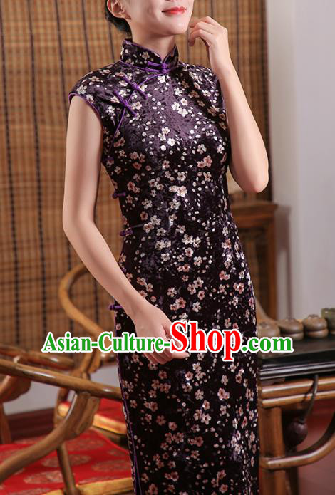 Chinese Traditional Shanghai Beauty Cheongsam Clothing Classical Purple Pleuche Qipao Dress Chinese Traditional Shanghai Beauty Cheongsam Clothing Classical Purple Pleuche Qipao Dress