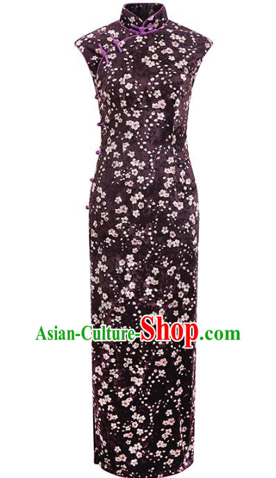 Chinese Traditional Shanghai Beauty Cheongsam Clothing Classical Purple Pleuche Qipao Dress Chinese Traditional Shanghai Beauty Cheongsam Clothing Classical Purple Pleuche Qipao Dress