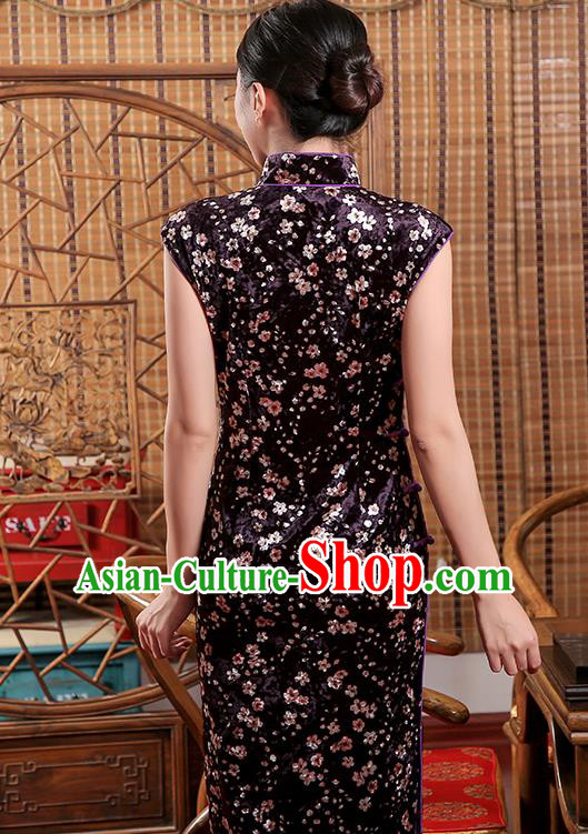 Chinese Traditional Shanghai Beauty Cheongsam Clothing Classical Purple Pleuche Qipao Dress Chinese Traditional Shanghai Beauty Cheongsam Clothing Classical Purple Pleuche Qipao Dress