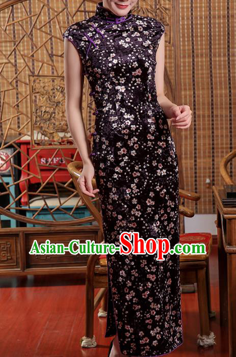 Chinese Traditional Shanghai Beauty Cheongsam Clothing Classical Purple Pleuche Qipao Dress Chinese Traditional Shanghai Beauty Cheongsam Clothing Classical Purple Pleuche Qipao Dress