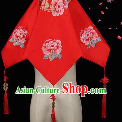 China Bride Red Veil Xiuhe Suit Embroidered Peony Headdress Traditional Wedding Headwear