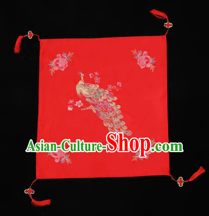 China Traditional Wedding Satin Headwear Bride Red Veil Xiuhe Suit Embroidered Peacock Peony Headdress China Traditional Wedding Satin Headwear Bride Red Veil Xiuhe Suit Embroidered Peacock Peony Headdress