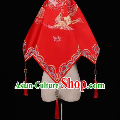 China Traditional Wedding Headwear Xiuhe Suit Headdress Embroidered Dragon Phoenix Bride Red Veil