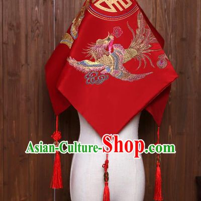 China Embroidered Dragon Phoenix Bride Red Veil Traditional Xiuhe Suit Headdress Wedding Headwear