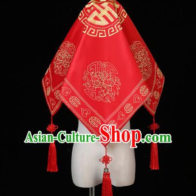 China Traditional Wedding Headwear Ancient Bride Red Veil Xiuhe Suit Red Satin Kerchief Headdress
