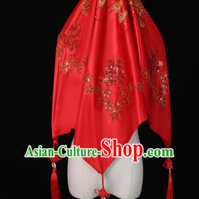 China Embroidered Sequins Mandarin Duck Bridal Veil Xiuhe Suit Red Satin Kerchief Traditional Wedding Headwear