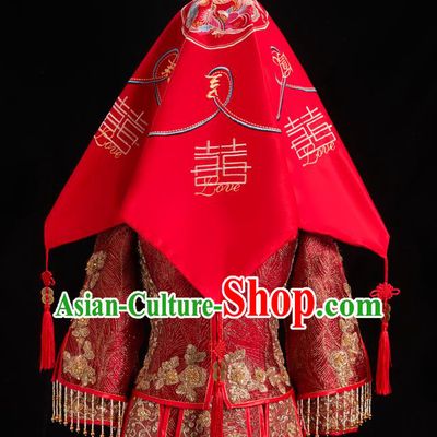 China Traditional Wedding Headdress Embroidered Dragon Phoenix Bridal Veil Xiuhe Suit Red Satin Kerchief