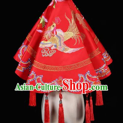 China Traditional Wedding Xiuhe Suit Headdress Embroidery Dragon Phoenix Red Bridal Veil Kerchief