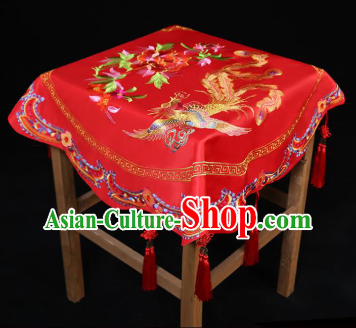 China Traditional Wedding Xiuhe Suit Headdress Embroidery Dragon Phoenix Red Bridal Veil Kerchief