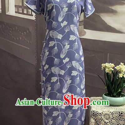 Chinese Classical Printing Purple Chiffon Cheongsam Traditional Stage Show Qipao Dress