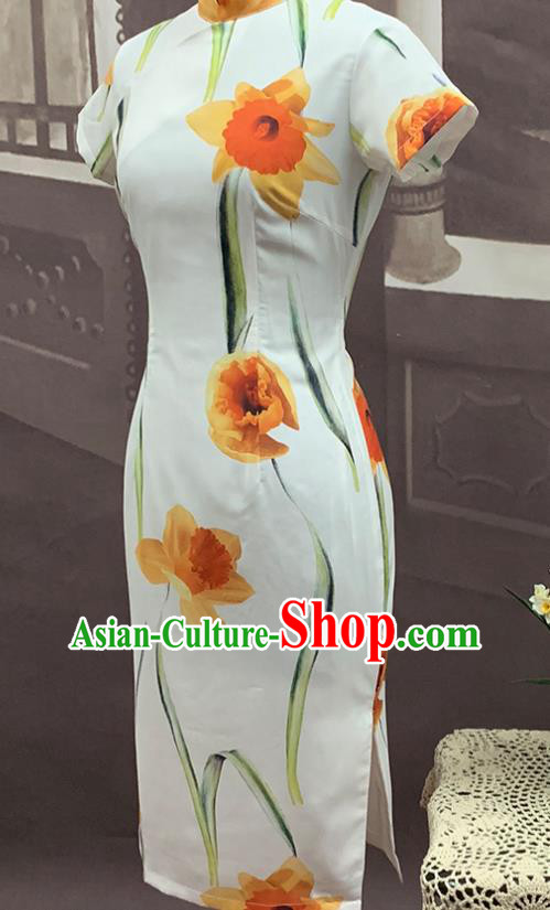 Chinese Classical Printing Flowers Cheongsam Traditional Dance Performance Qipao Dress Costume Chinese Classical Printing Flowers Cheongsam Traditional Dance Performance Qipao Dress Costume