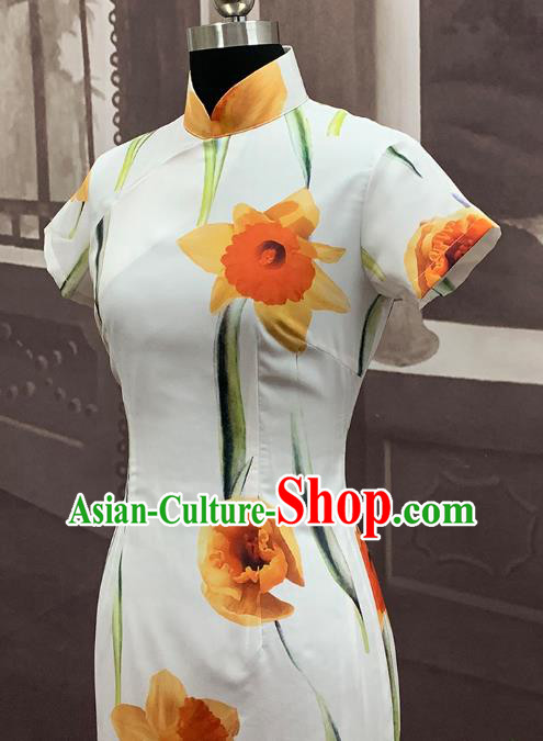 Chinese Classical Printing Flowers Cheongsam Traditional Dance Performance Qipao Dress Costume Chinese Classical Printing Flowers Cheongsam Traditional Dance Performance Qipao Dress Costume