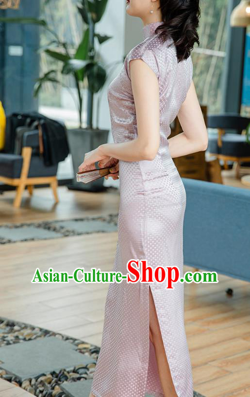 Republic of China Jacquard Brocade Cheongsam Costume Traditional Minguo Lilac Silk Qipao Dress Republic of China Jacquard Brocade Cheongsam Costume Traditional Minguo Lilac Silk Qipao Dress