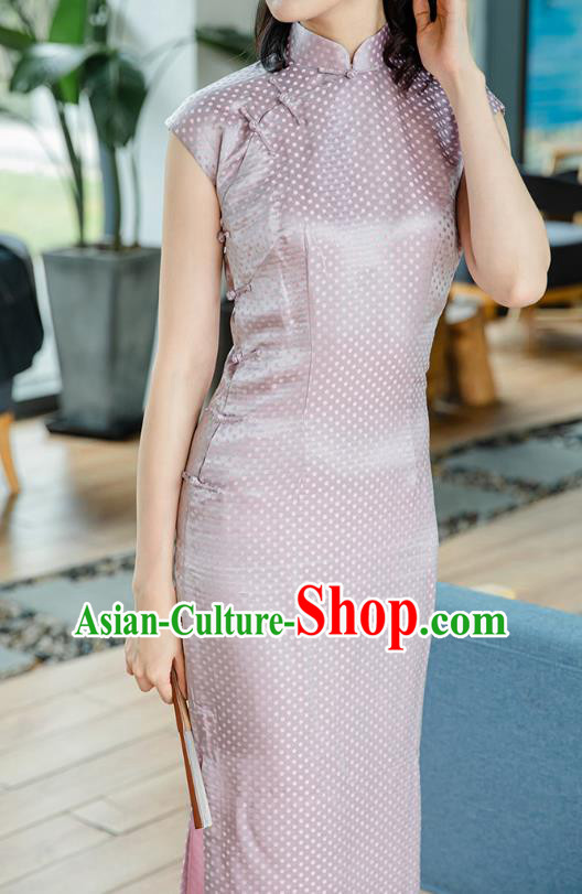 Republic of China Jacquard Brocade Cheongsam Costume Traditional Minguo Lilac Silk Qipao Dress Republic of China Jacquard Brocade Cheongsam Costume Traditional Minguo Lilac Silk Qipao Dress