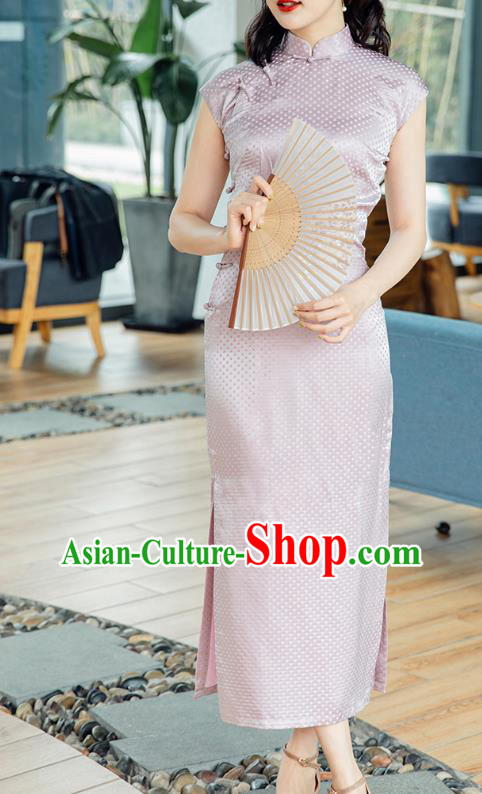 Republic of China Jacquard Brocade Cheongsam Costume Traditional Minguo Lilac Silk Qipao Dress Republic of China Jacquard Brocade Cheongsam Costume Traditional Minguo Lilac Silk Qipao Dress
