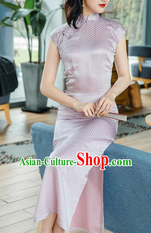 Republic of China Jacquard Brocade Cheongsam Costume Traditional Minguo Lilac Silk Qipao Dress Republic of China Jacquard Brocade Cheongsam Costume Traditional Minguo Lilac Silk Qipao Dress
