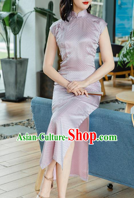 Republic of China Jacquard Brocade Cheongsam Costume Traditional Minguo Lilac Silk Qipao Dress Republic of China Jacquard Brocade Cheongsam Costume Traditional Minguo Lilac Silk Qipao Dress