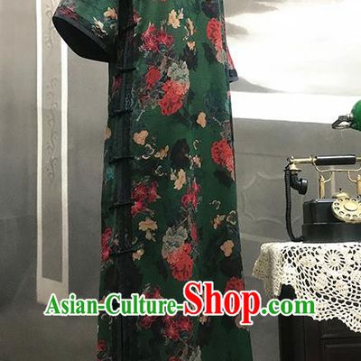 Republic of China Green Gambiered Guangdong Gauze Cheongsam Costume Traditional Minguo Mandarin Sleeve Qipao Dress