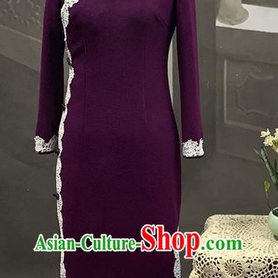 Republic of China Middle Age Woman Cheongsam Costume Traditional Minguo Purple Woolen Qipao Dress