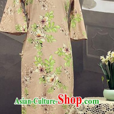 Republic of China Mandarin Sleeve Cheongsam Costume Traditional Minguo Printing Beige Flax Qipao Dress