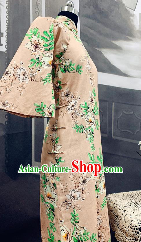 Republic of China Mandarin Sleeve Cheongsam Costume Traditional Minguo Printing Beige Flax Qipao Dress Republic of China Mandarin Sleeve Cheongsam Costume Traditional Minguo Printing Beige Flax Qipao Dress