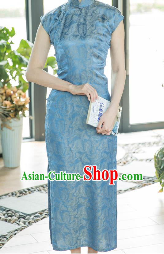 Republic of China Silk Cheongsam Costume Traditional Minguo Jacquard Blue Brocade Qipao Dress Republic of China Silk Cheongsam Costume Traditional Minguo Jacquard Blue Brocade Qipao Dress