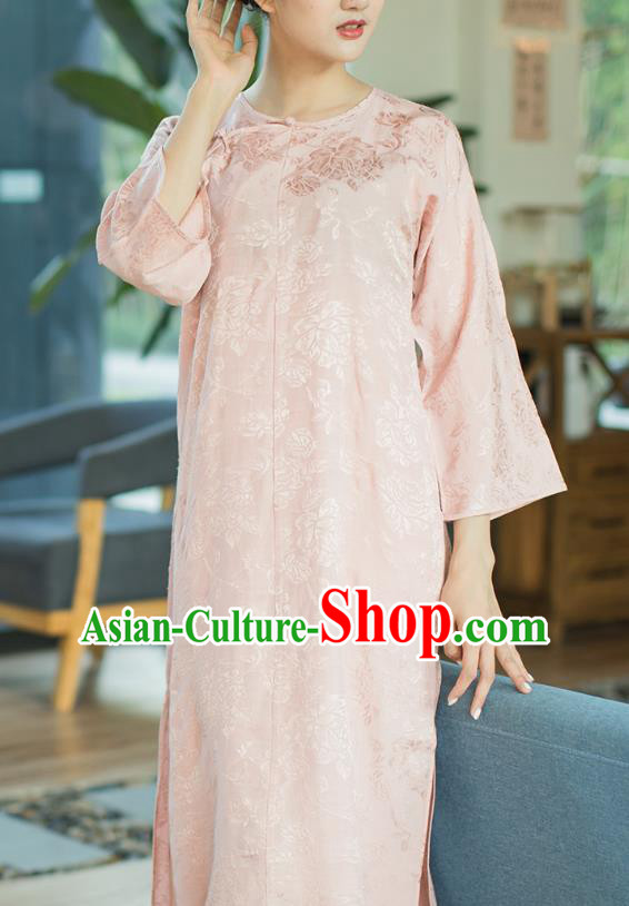 Republic of China Slant Opening Cheongsam Costume Traditional Minguo Pink Brocade Qipao Dress Republic of China Slant Opening Cheongsam Costume Traditional Minguo Pink Brocade Qipao Dress