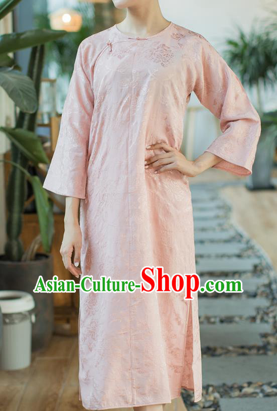 Republic of China Slant Opening Cheongsam Costume Traditional Minguo Pink Brocade Qipao Dress Republic of China Slant Opening Cheongsam Costume Traditional Minguo Pink Brocade Qipao Dress