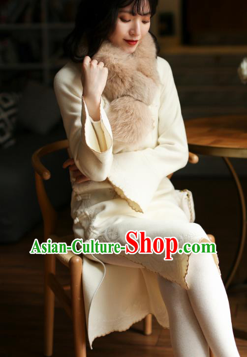 China Embroidered Beige Woolen Cheongsam Costume Traditional New Year Qipao Dress China Embroidered Beige Woolen Cheongsam Costume Traditional New Year Qipao Dress