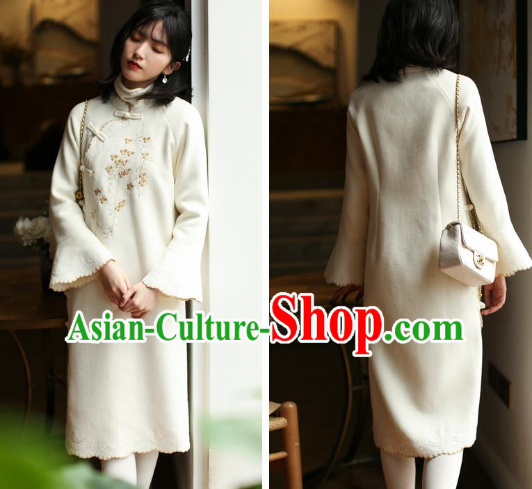 China Embroidered Beige Woolen Cheongsam Costume Traditional New Year Qipao Dress China Embroidered Beige Woolen Cheongsam Costume Traditional New Year Qipao Dress