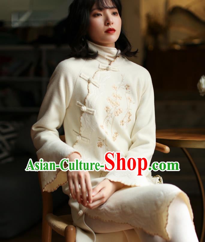 China Embroidered Beige Woolen Cheongsam Costume Traditional New Year Qipao Dress China Embroidered Beige Woolen Cheongsam Costume Traditional New Year Qipao Dress