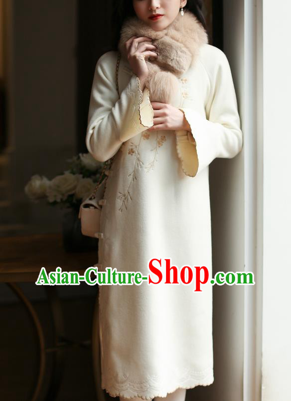 China Embroidered Beige Woolen Cheongsam Costume Traditional New Year Qipao Dress China Embroidered Beige Woolen Cheongsam Costume Traditional New Year Qipao Dress